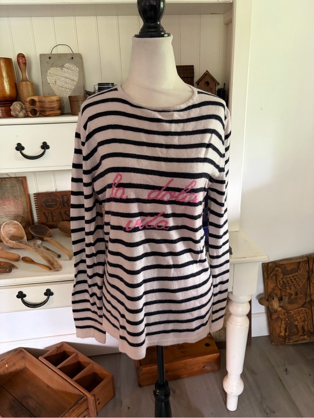 Bartolini Striped Long-Sleeve Crewneck Top in Cream and Black with Pink Script
